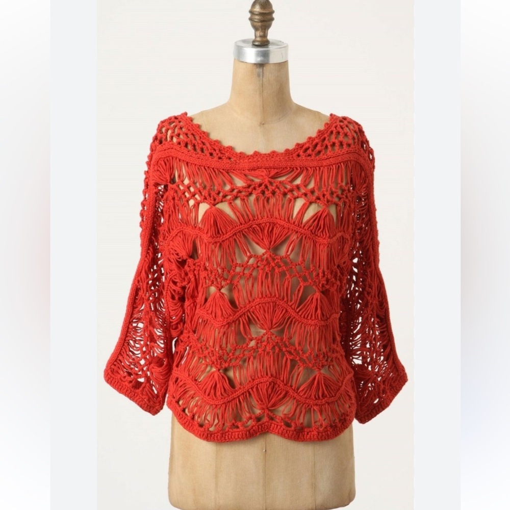 Yellow Bird Anthropologie Crochet Openwork Knit Cotton Pullover Sweater Red Top